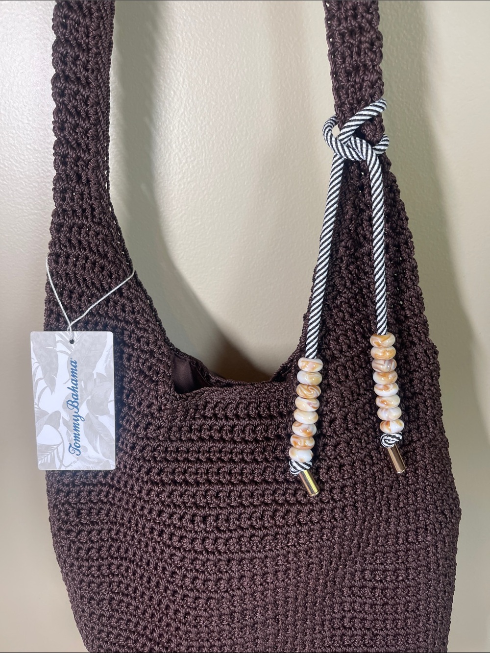 Tommy Bahama Dark Brown Crochet Shoulder Bag with Beaded accent charm - Picture 2 of 9